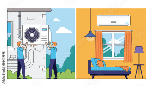 Split illustration of two technicians installing an outdoor air conditioner unit and a view of the indoor unit in a bedroom.