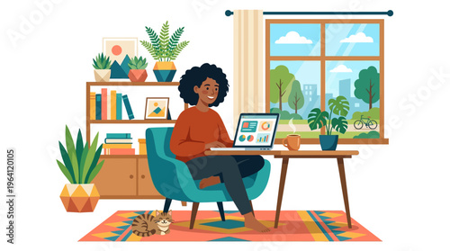 Young woman working on laptop at home office.