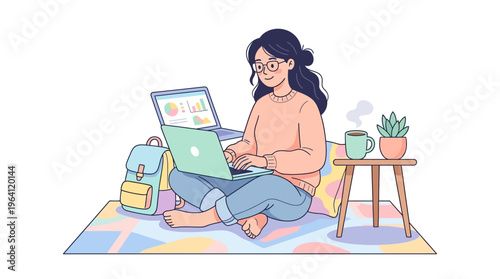 Young woman working on laptop in cozy setting.