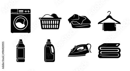 Laundry Icons Set: Washing Machine, Basket, Clothes, Hanger, Detergent, Iron, Towels