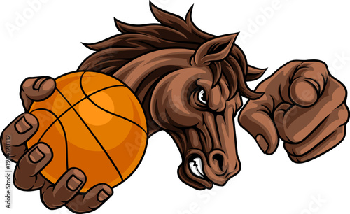 Horse mustang bronco stallion basketball angry sports team mascot holding a ball.