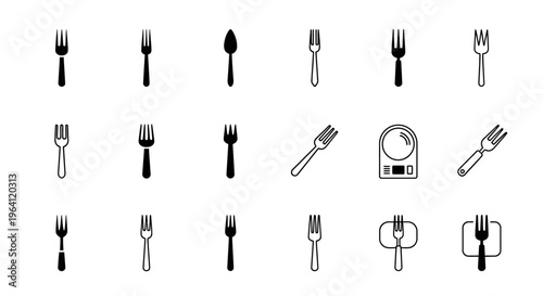 Collection of Fork Icons: Various Styles, Black and White, Isolated on White Background