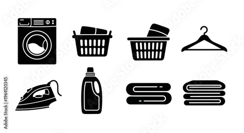 Laundry Room Icons: Washing Machine, Iron, Detergent, Basket, Hanger, Towels