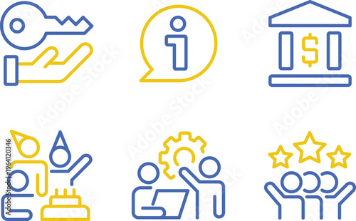 Six icons representing diverse business and service sectors