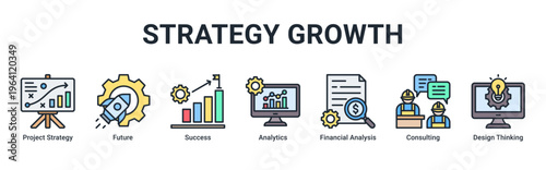 Strategy Growth web banner icon vector illustration with icons of Project Strategy,Future,Success,Analytics,Financial Analysis,Consulting and Design Thinking