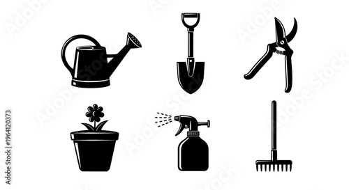 Gardening Tools Set Silhouette: Watering Can, Shovel, Pruners, Plant, Sprayer, Rake