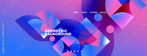 Abstract geometric background features vibrant blue, pink hues. Navigation includes work, about, portfolio, contact options. Modern design.