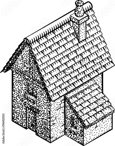 A medieval building map icon isometric illustration in a vintage retro engraved woodcut dots etching style