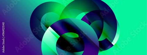 Abstract composition featuring overlapping translucent circles. Gradient colors blend from turquoise to deep purple. Modern design, vibrant hues.