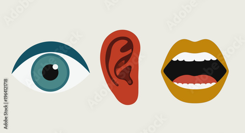 Illustration shows eye, ear, and mouth in a row for communication concept
