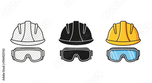 Three construction helmets and safety goggles are shown side by side