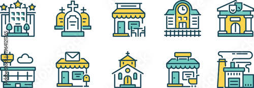 Collection of illustrated buildings and community landmarks in a vibrant color scheme