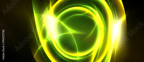 Bright abstract swirls, luminous green yellow hues. Dynamic energy radiates from central point, dark background enhances glow.
