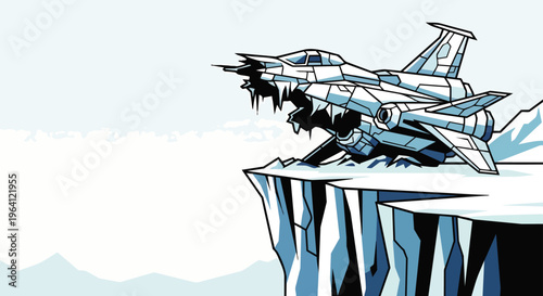 futuristic jet frozen into an arctic ice cliff depicting a crash or lost advanced technology in a cold environment.