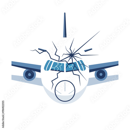 airplane crash concept with a cracked windshield illustrating an aviation emergency safety issue and potential flight delays