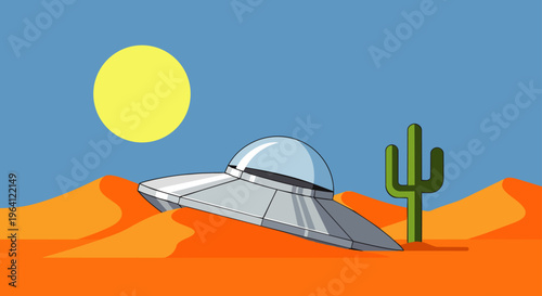 ufo crash desert a crashed alien spaceship partially buried in the sand dunes next to a cactus cartoon illustration.