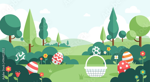 an easter egg hunt with colorful eggs and a white basket in a a spring landscape of green hills and flowers.