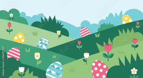 easter egg hunt illustration in a vibrant spring landscape with blooming flowers and colorful geometric eggs.