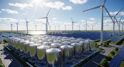 Modern hydrogen tanks storage for renewable energy Hydrogen renewable energy production for solar and windturbine facility. 3d rendering