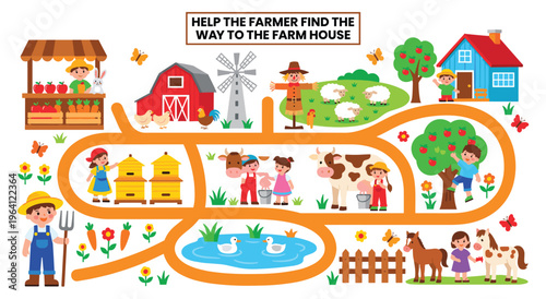 Charming farm-themed maze for children, featuring a farmer needing to find the path to the farmhouse, with various farm animals and activities along the way.