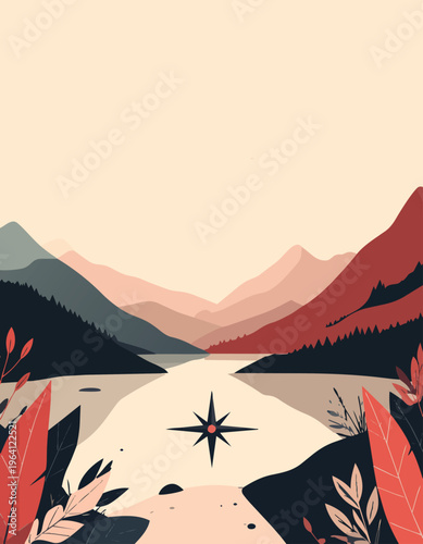  Lago tranquilo rodeado de montañas con plantas estilizadas en primer plano.
