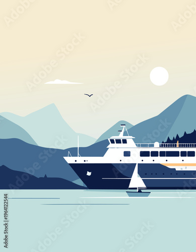  Barco navegando cerca de la costa con montañas y velero en escena tranquila.
