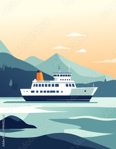  Ferry navegando cerca de la costa con montañas al fondo en luz cálida.
