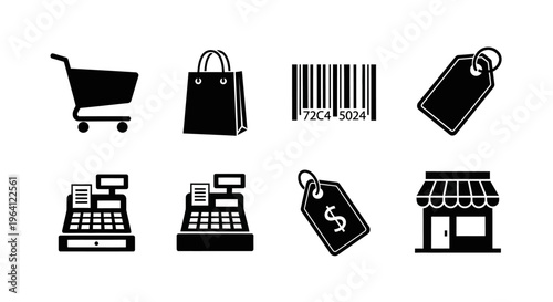 Shopping Icons Set: Cart, Bag, Barcode, Tags, Cash Registers, Storefront
