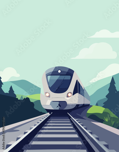  Tren moderno circulando por vías en entorno natural con estilo limpio.
