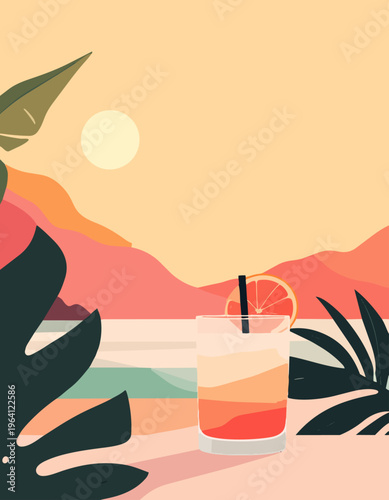  Bebida refrescante con fondo de mar y sol en tonos cálidos tropicales.
