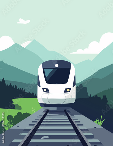  Tren moderno avanzando por vías férreas rodeado de montañas y naturaleza en estilo minimalista.
