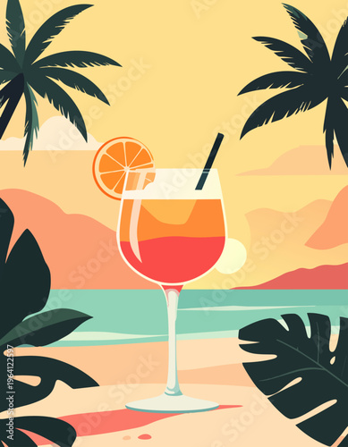  Bebida tropical con naranja y pajilla en la playa rodeada de hojas exóticas.
