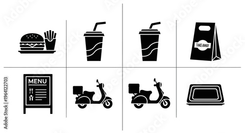 Food Delivery Icons: Burger, Fries, Drinks, Scooter, Menu, Takeaway Bag