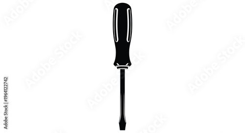A stark black silhouette of a flathead screwdriver against white background