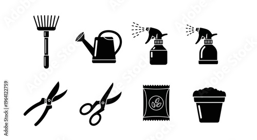 Gardening Tools Icons Set: Rake, Watering Can, Sprayers, Pruners, Scissors, Seeds, Pot