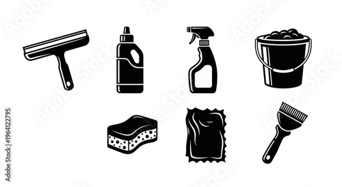 Cleaning Tools Icons Set: Squeegee, Detergent, Spray Bottle, Bucket, Sponge, Cloth, Brush