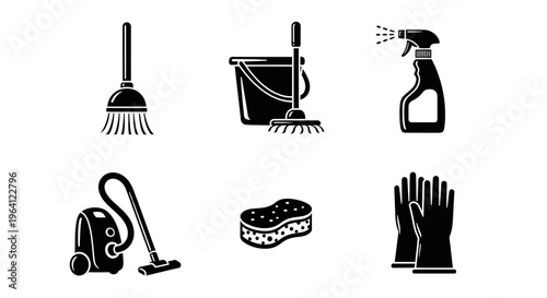 Cleaning Supplies Icons Set: Broom, Mop, Bucket, Sprayer, Vacuum, Sponge, Gloves