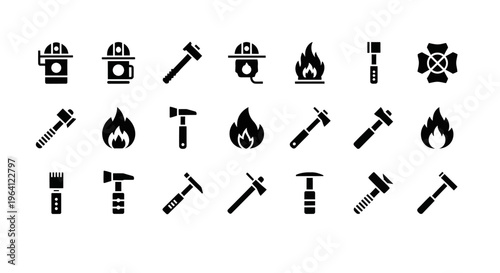 Firefighter Tools and Equipment Icons: Axe, Helmet, Fire, Hydrant, Torch, Maltese Cross