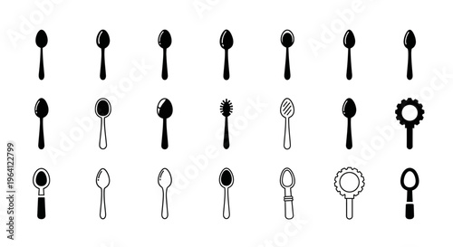 Collection of Various Spoon Icons and Silhouettes for Culinary and Design Use