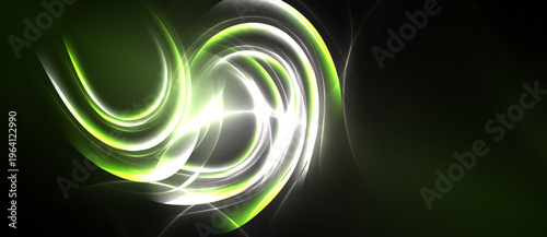 Abstract swirls, vibrant green glows, white lines create dynamic energy. Dark background emphasizes luminosity, modern design element.