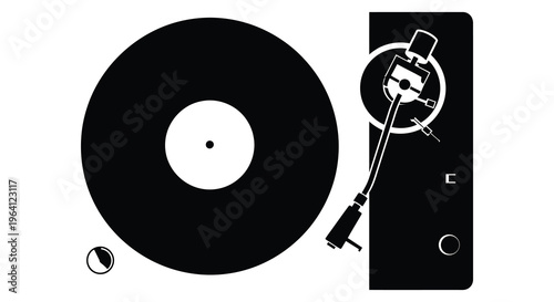 Minimalist record player design with stark black shapes a striking silhouette