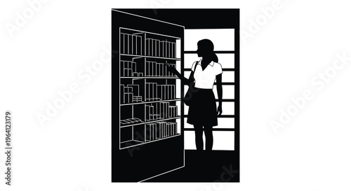Woman reaching for a book in front of a shelving unit silhouette