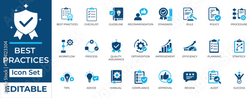 Editable best practices and compliance vector icon set. Business workflow, quality assurance, policy, and strategy flat icons.