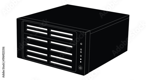 Black network attached storage device a modern server rack silhouette
