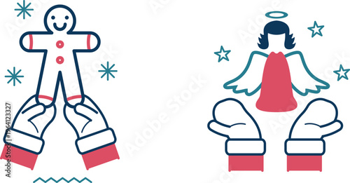 Hand puppets depicting gingerbread man and angel for holiday fun