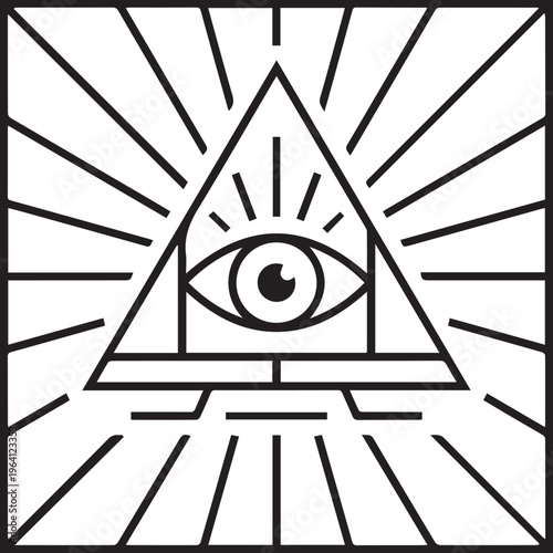 A simplified geometric line icon of the all-seeing eye in a pyramid Illuminati sign.