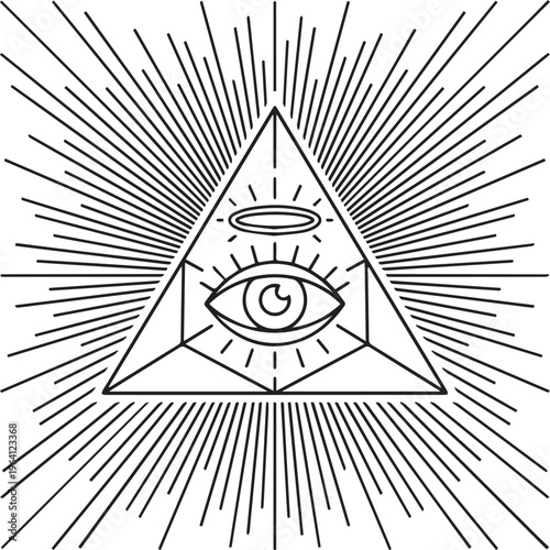 An eye with a halo, centered in a pyramid and surrounded by lines that radiate like light, rendered as a geometric line icon of  Illuminati sign.