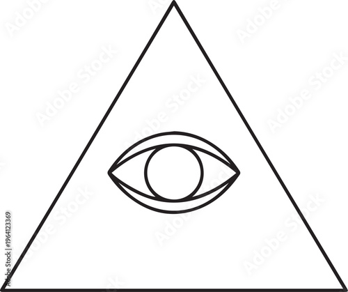 The geometric pattern of a pyramid with an eye inside it, simplified into a line icon  Illuminati sign.