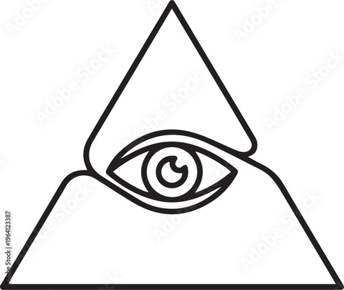A bold, single line illustration of a pyramid with an eye in the center, appearing as a geometric line icon of  Illuminati sign.