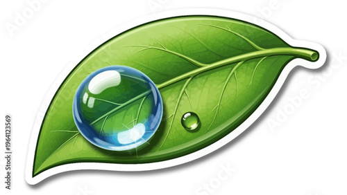 A shiny green leaf icon with water drops sphere represents a natural eco concept for a vector logo design.